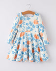 Fall Halloween & Thanksgiving Pumpkin Floral Print Long Sleeve Dress