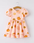Fall Halloween & Thanksgiving Fun Pumpkin Short Sleeve Girls Dress