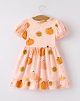 Fall Halloween & Thanksgiving Fun Pumpkin Short Sleeve Girls Dress