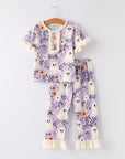 Halloween Ghost Floral Print Purple Ruffled Girls Pajamas