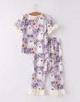 Halloween Ghost Floral Print Purple Ruffled Girls Pajamas