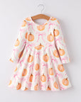 Fall Halloween & Thanksgiving Pumpkin Bow Print Long Sleeve Dress