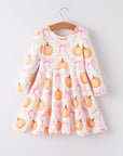 Fall Halloween & Thanksgiving Pumpkin Bow Print Long Sleeve Dress