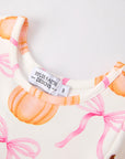Fall Halloween & Thanksgiving Pumpkin Bow Print Long Sleeve Dress