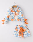 Thanksgiving Day Pumpkin Floral Print Girls Pajamas Set