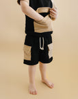 Terry Cargo Shorts Set | Black & Tan