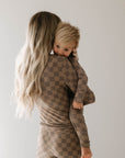 Women's Long Sleeve Bamboo Pajama | Faded Brown Checkerboard