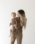 Women's Long Sleeve Bamboo Pajama | Faded Brown Checkerboard