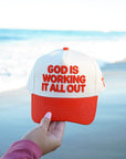 God Is Working It All Out - Red Trucker Hat