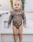 Venetian Floral Long Sleeve Ruffle Zipper One-Piece