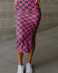 Checkered High Waist Midi Skirt - Pink