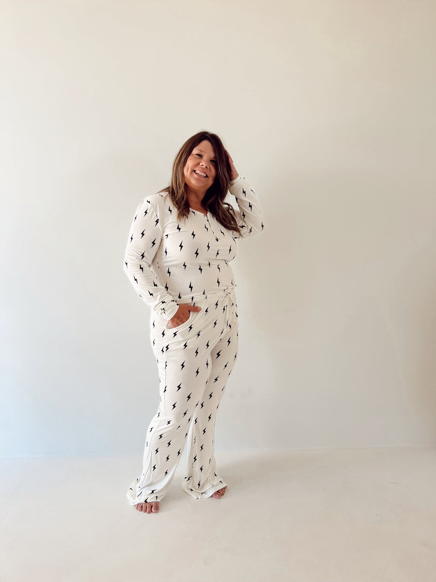 Women's Long Sleeve Bamboo Pajama | White & Black Lightning Bolt forever french baby