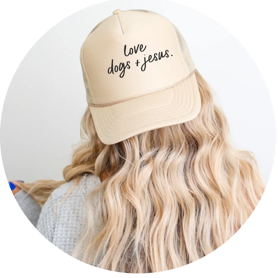 Love dogs + Jesus trucker hat Saved by Grace Co.