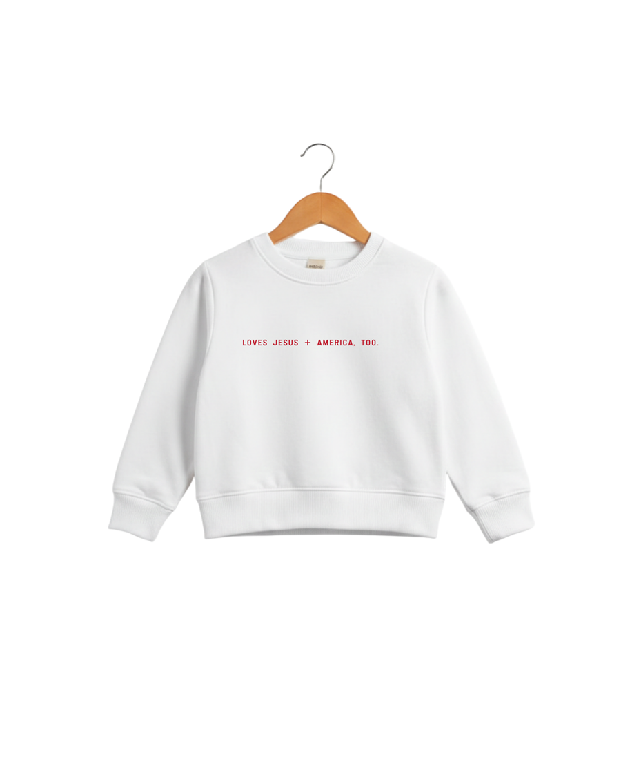 Loves Jesus + America, Too. Kids/Youth Sweatshirt Saved by Grace Co.