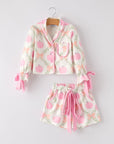 Fall Halloween Pumpkin Floral Print Long Sleeve Top Shorts Girls Pajama Set