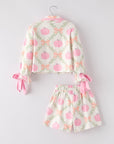 Fall Halloween Pumpkin Floral Print Long Sleeve Top Shorts Girls Pajama Set