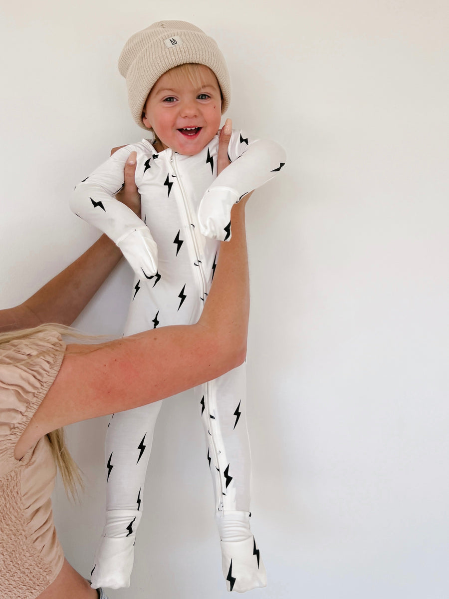 Bamboo Zip Pajamas | White & Black Lightning Bolt forever french baby