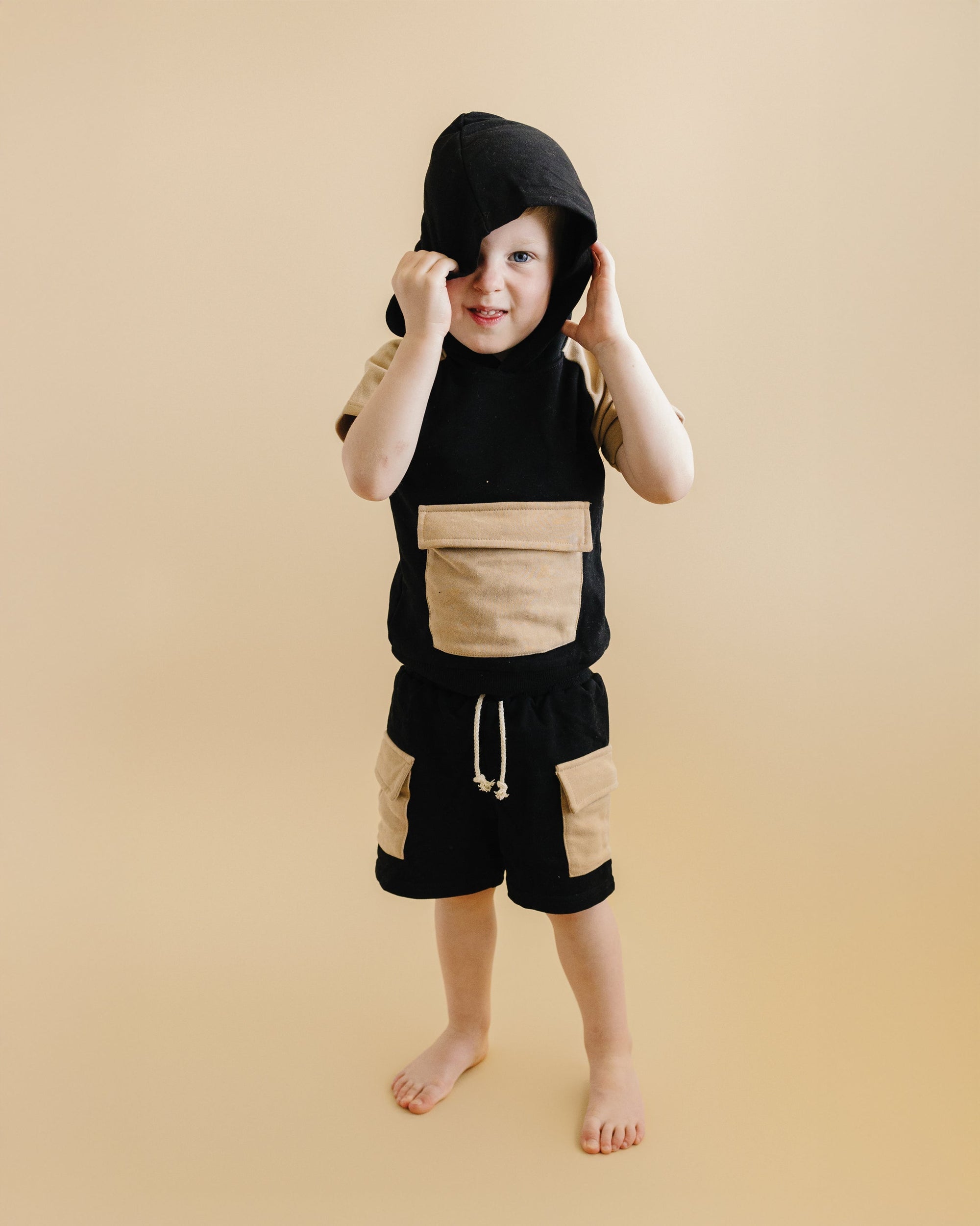 Terry Cargo Shorts Set | Black &amp; Tan