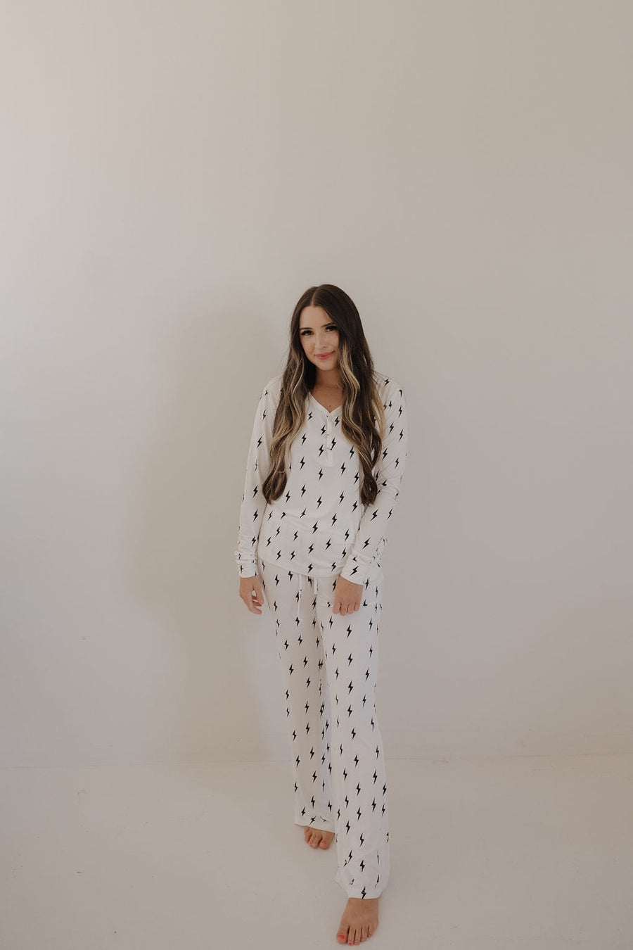 Women's Long Sleeve Bamboo Pajama | White & Black Lightning Bolt forever french baby