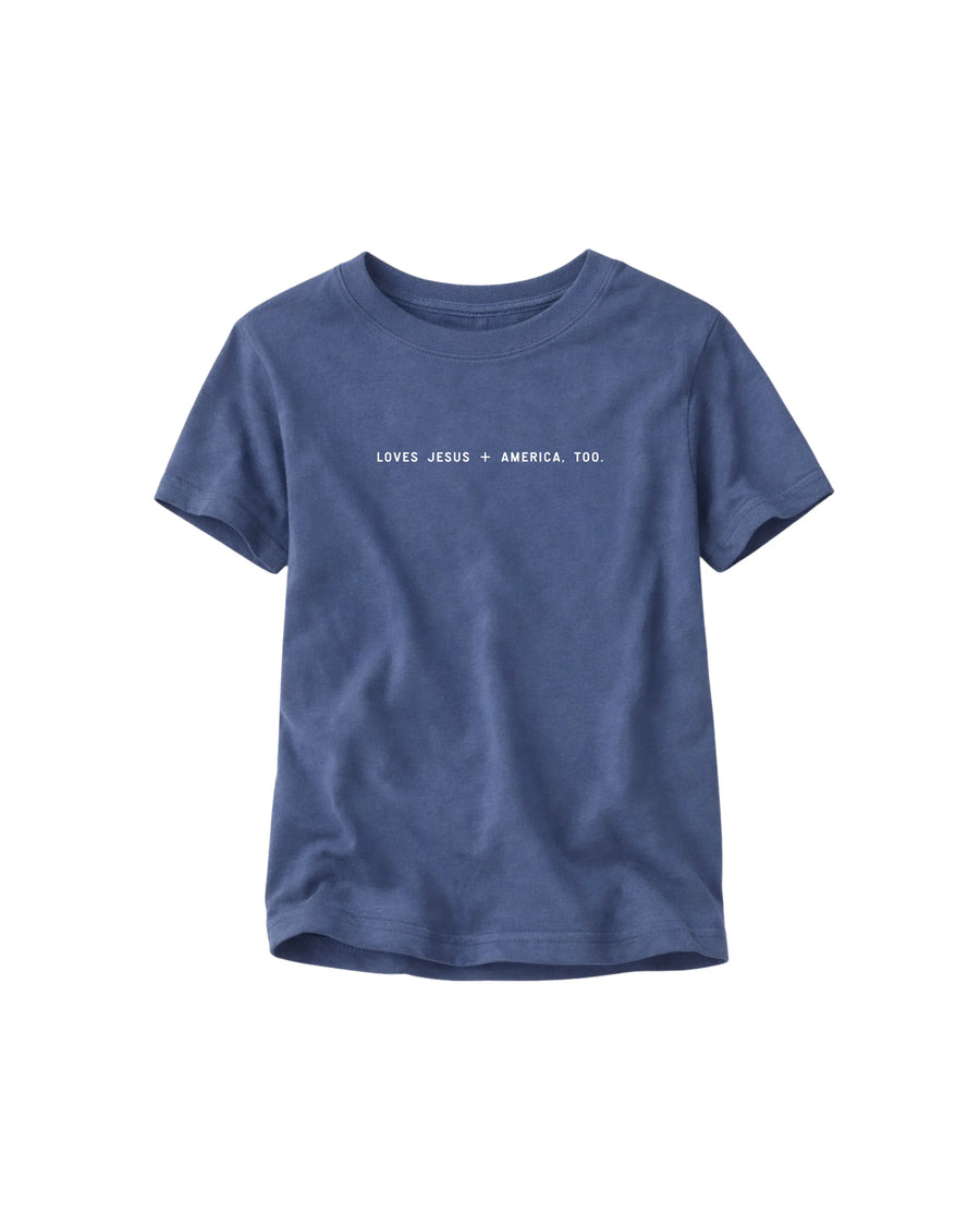 Loves Jesus + America, Too. Kids/Youth Tee Saved by Grace Co.