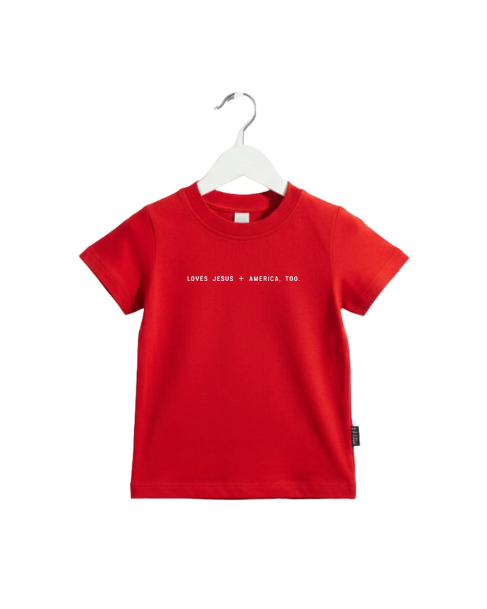 Loves Jesus + America, Too. Kids/Youth Tee Saved by Grace Co.