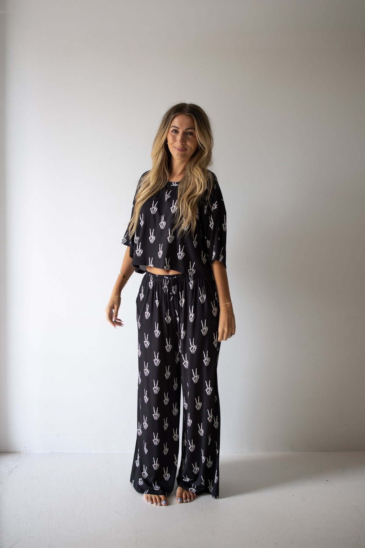 PRE- ORDER ships October 9th | Women's Bamboo Crop Tee Lounge Set | Midnight Skelly forever french baby