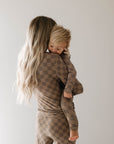 Women's Long Sleeve Bamboo Pajama | Faded Brown Checkerboard