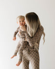Women's Long Sleeve Bamboo Pajama | Faded Brown Checkerboard