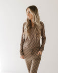 Women's Long Sleeve Bamboo Pajama | Faded Brown Checkerboard