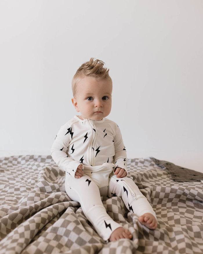 Bamboo Zip Pajamas | White & Black Lightning Bolt forever french baby