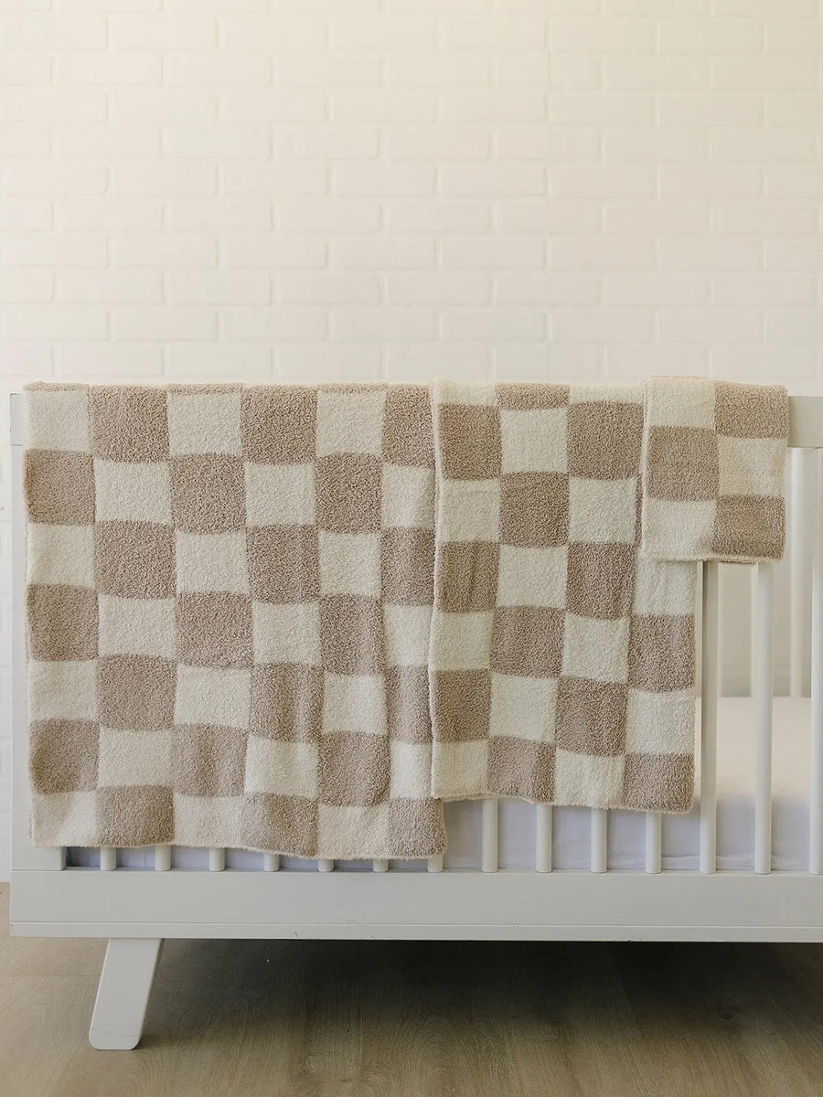 Taupe Checkered Plush Blanket Mebie Baby
