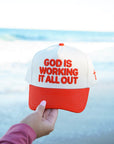 God Is Working It All Out - Red Trucker Hat