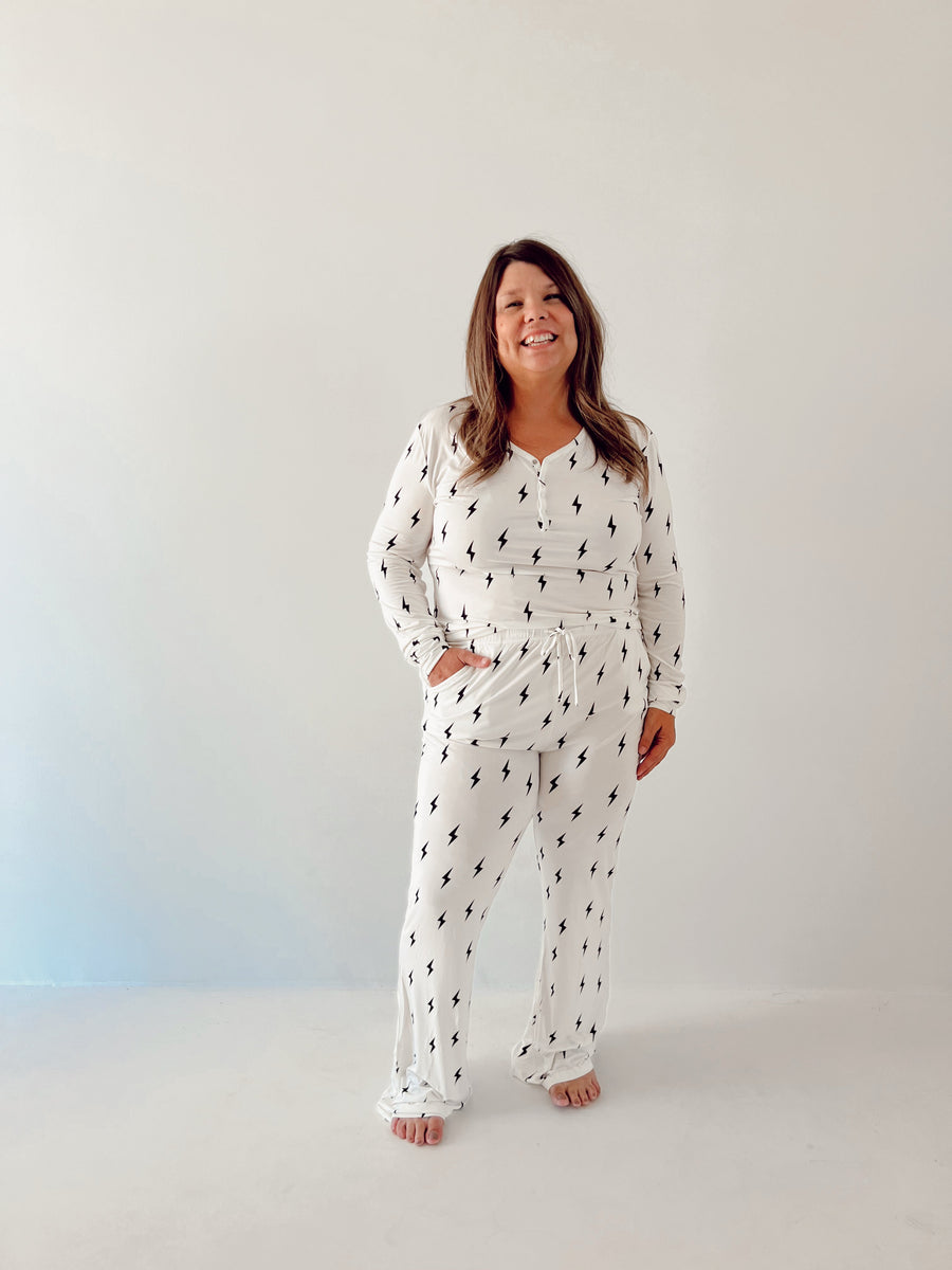 Women's Long Sleeve Bamboo Pajama | White & Black Lightning Bolt forever french baby