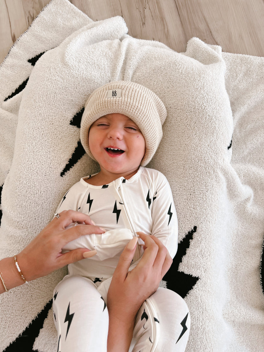 Bamboo Zip Pajamas | White & Black Lightning Bolt forever french baby