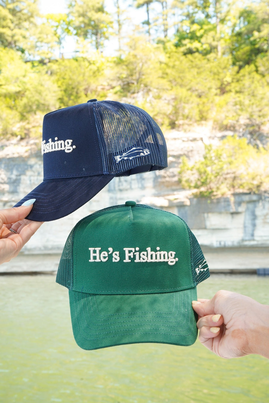 He's Fishing Trucker Hat KenzKustomz