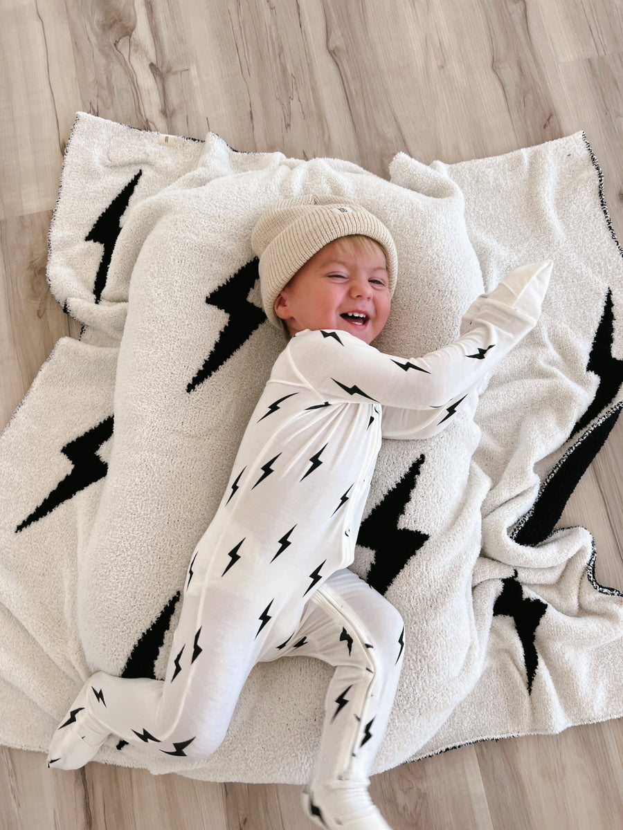 Bamboo Zip Pajamas | White & Black Lightning Bolt forever french baby