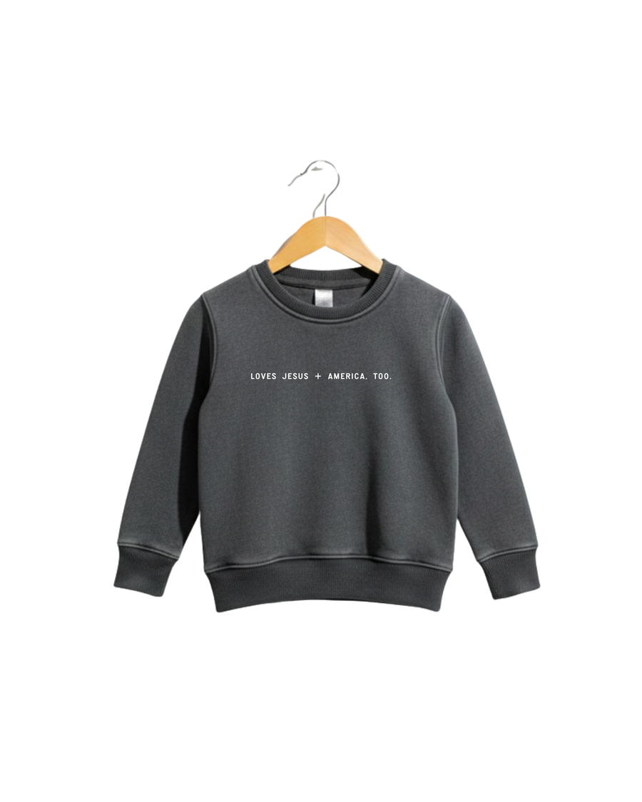 Loves Jesus + America, Too. Kids/Youth Sweatshirt Saved by Grace Co.