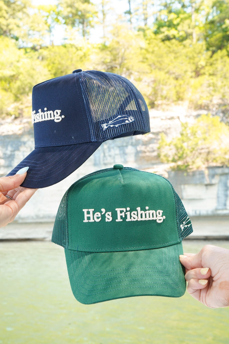 He's Fishing Trucker Hat KenzKustomz