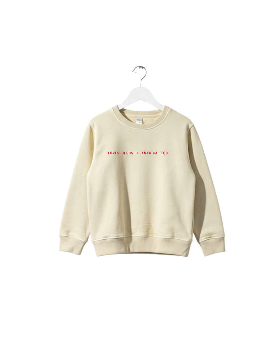 Loves Jesus + America, Too. Kids/Youth Sweatshirt Saved by Grace Co.