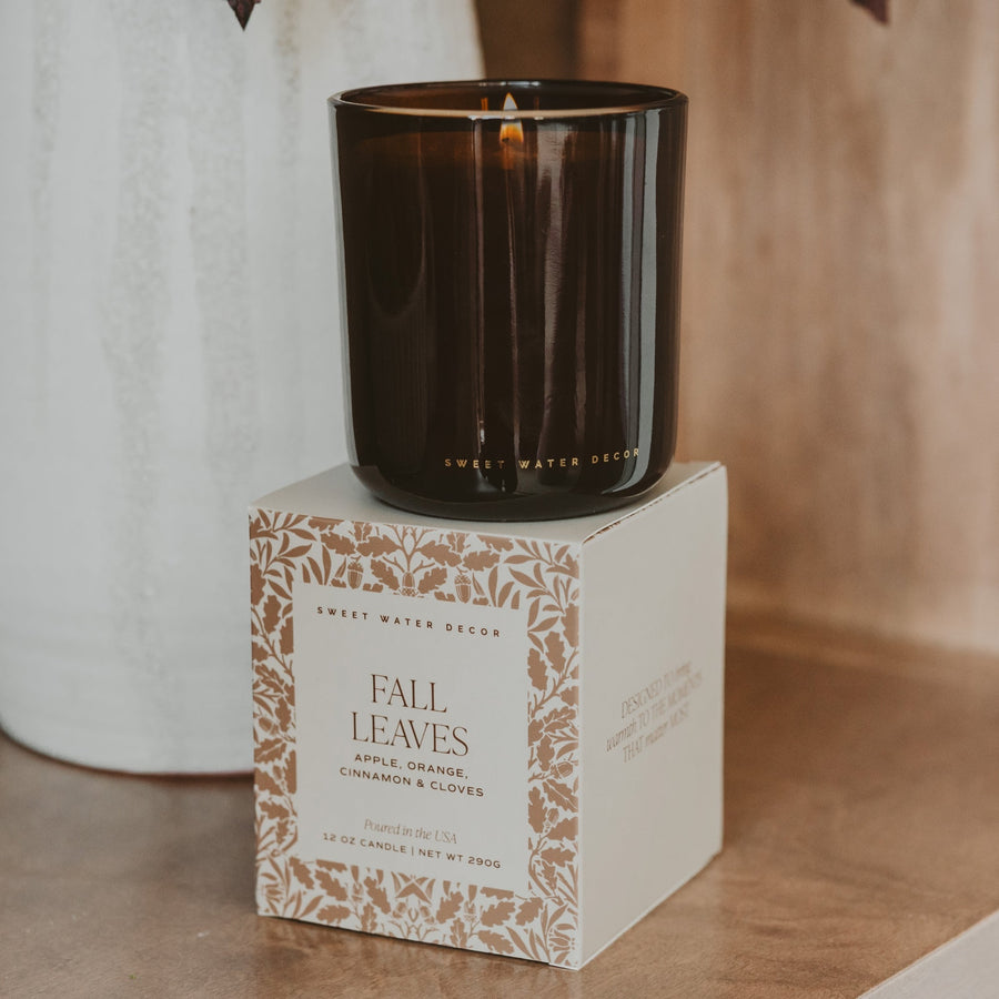 Fall Leaves Soy Candle - Boxed Amber Tinted Glass Jar - 12 oz Sweet Water Decor