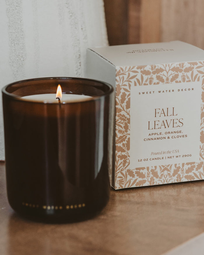 Fall Leaves Soy Candle - Boxed Amber Tinted Glass Jar - 12 oz Sweet Water Decor