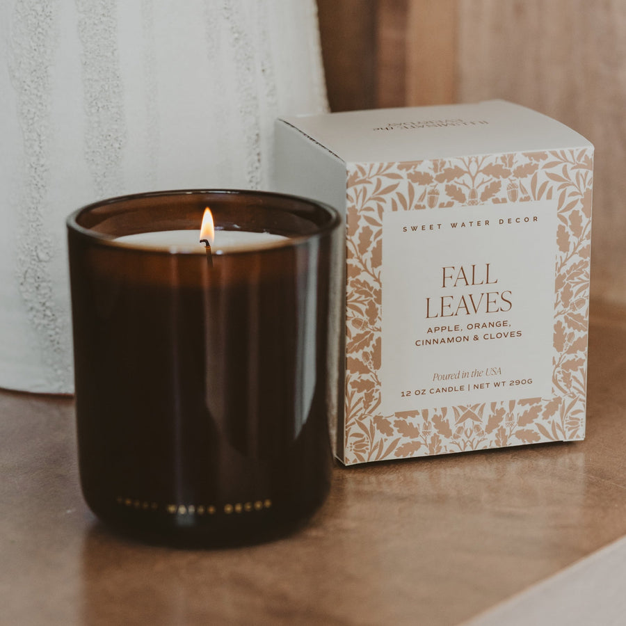 Fall Leaves Soy Candle - Boxed Amber Tinted Glass Jar - 12 oz Sweet Water Decor