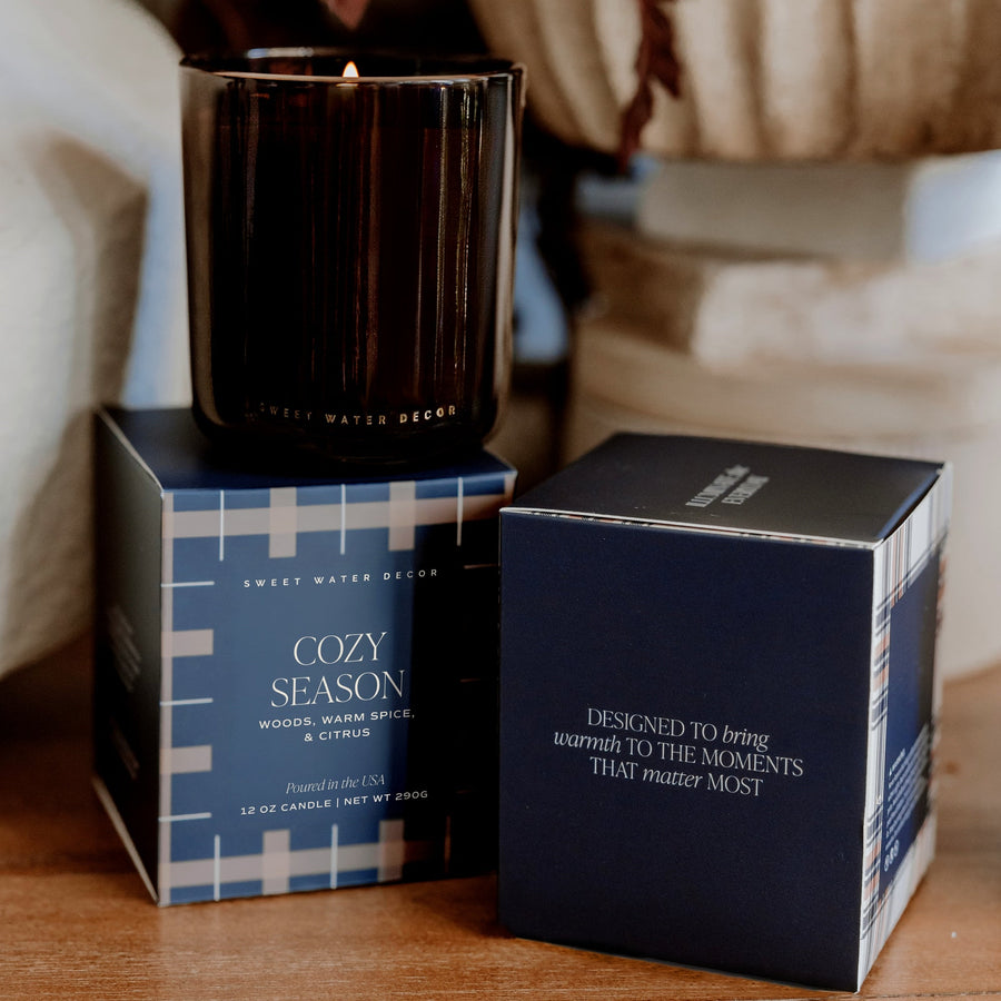 Cozy Season Soy Candle - Boxed Amber Tinted Glass Jar - 12 oz Sweet Water Decor