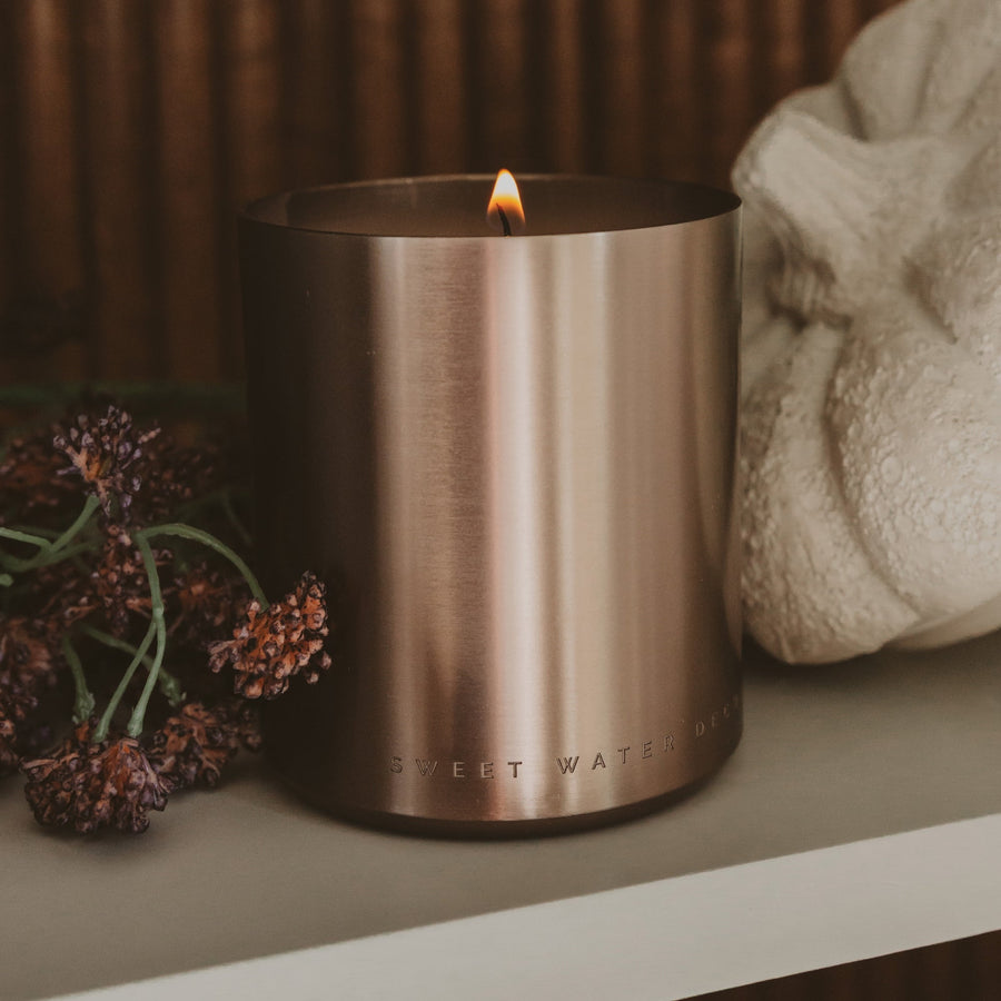 Hello Fall Soy Candle - Bronze Metal Aluminum Jar - 10 oz Sweet Water Decor