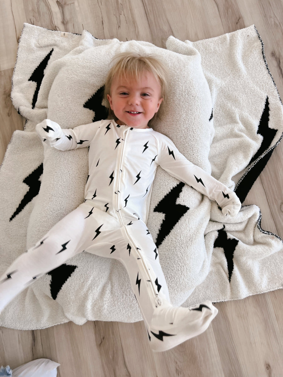 Bamboo Zip Pajamas | White & Black Lightning Bolt forever french baby