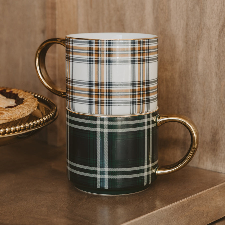 Navy Plaid 14 oz Gold Handle Coffee Mug Sweet Water Decor