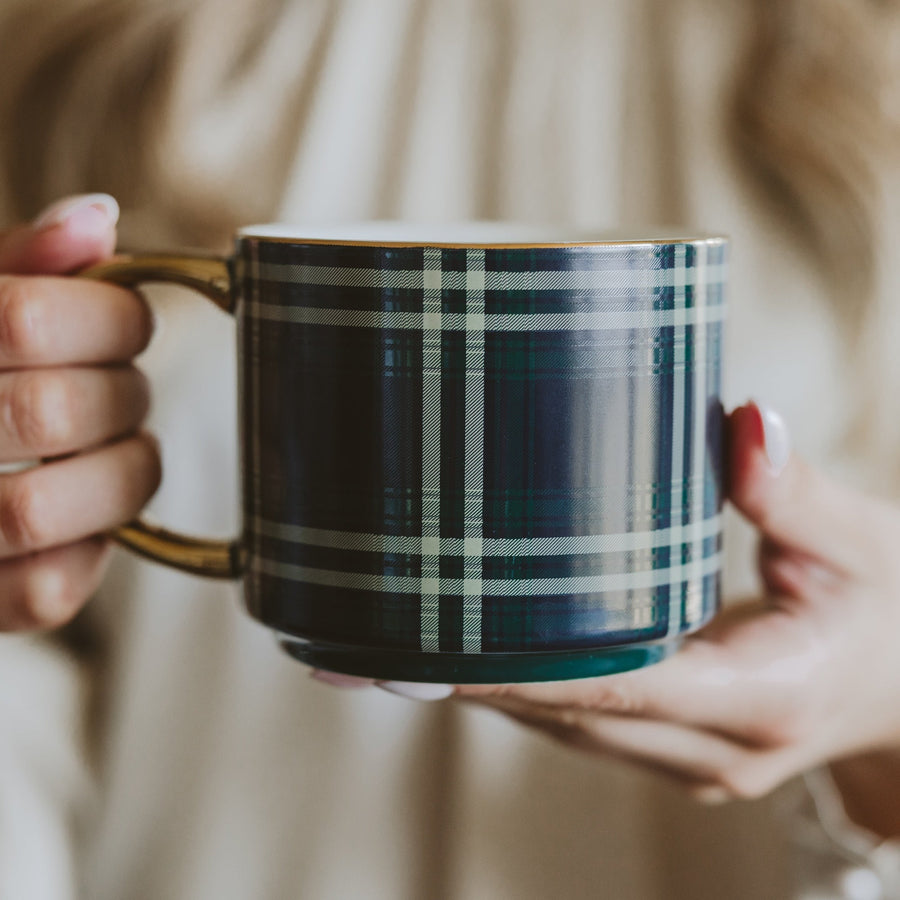 Navy Plaid 14 oz Gold Handle Coffee Mug Sweet Water Decor