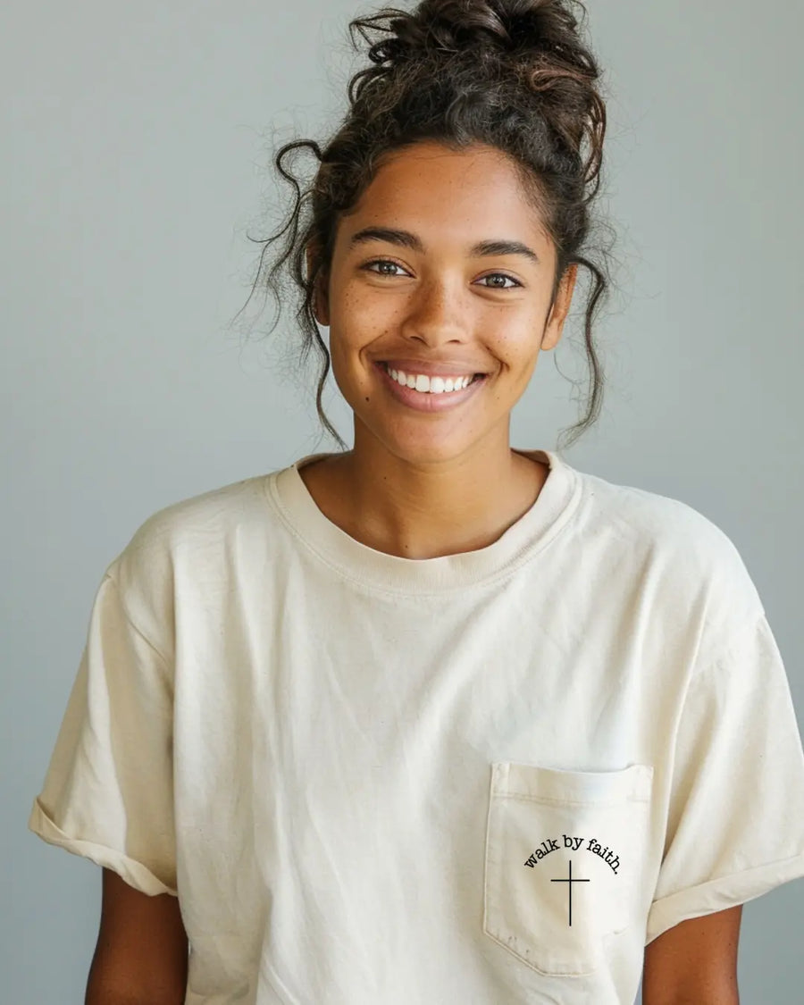 Walk by Faith Pocket Tee Saved by Grace Co.