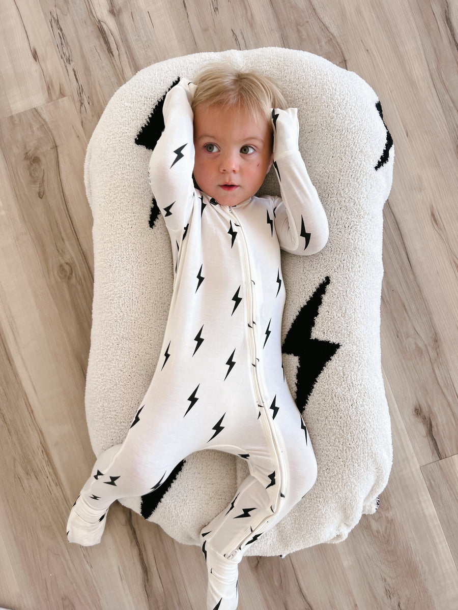 Bamboo Zip Pajamas | White & Black Lightning Bolt forever french baby