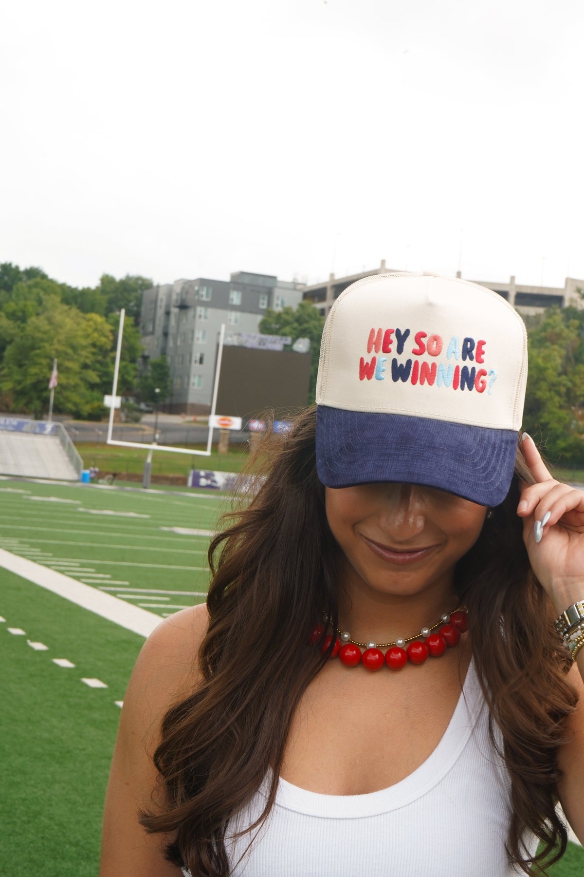 Hey So Are We Winning - Navy Corduroy Trucker Hat KenzKustomz